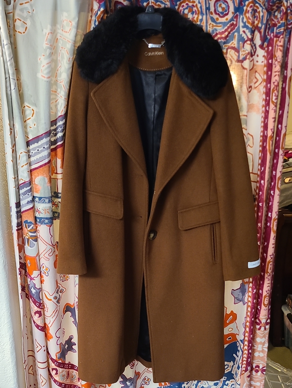 Calvin Klein Brown Wool Coat with Black Fur Collar Trim